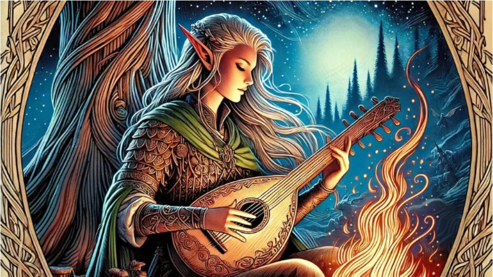 bardic art - female elf musician playing a stringed instrument